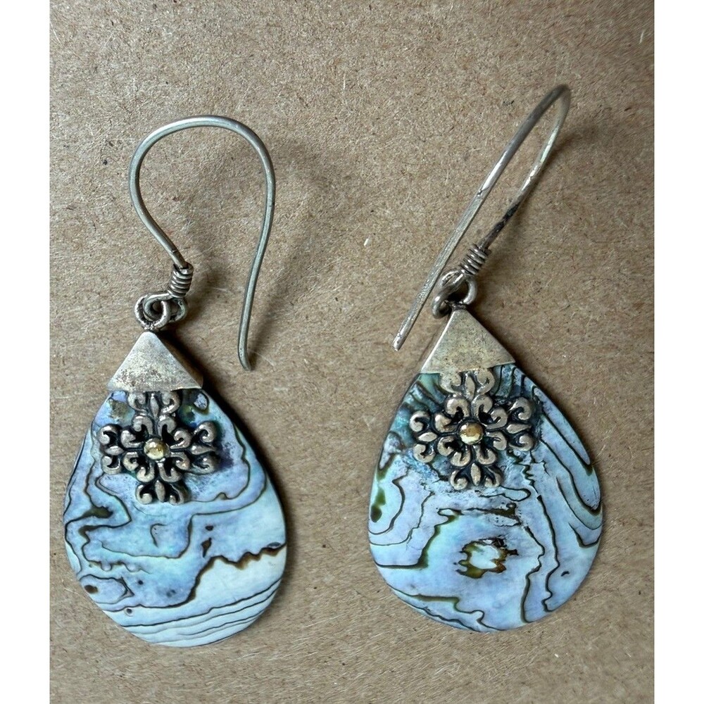 Robert Manse 925 & 18K Gold Abalone Shell Teardrop Dangle Earrings OSIL Bali - Picture 3 of 8
